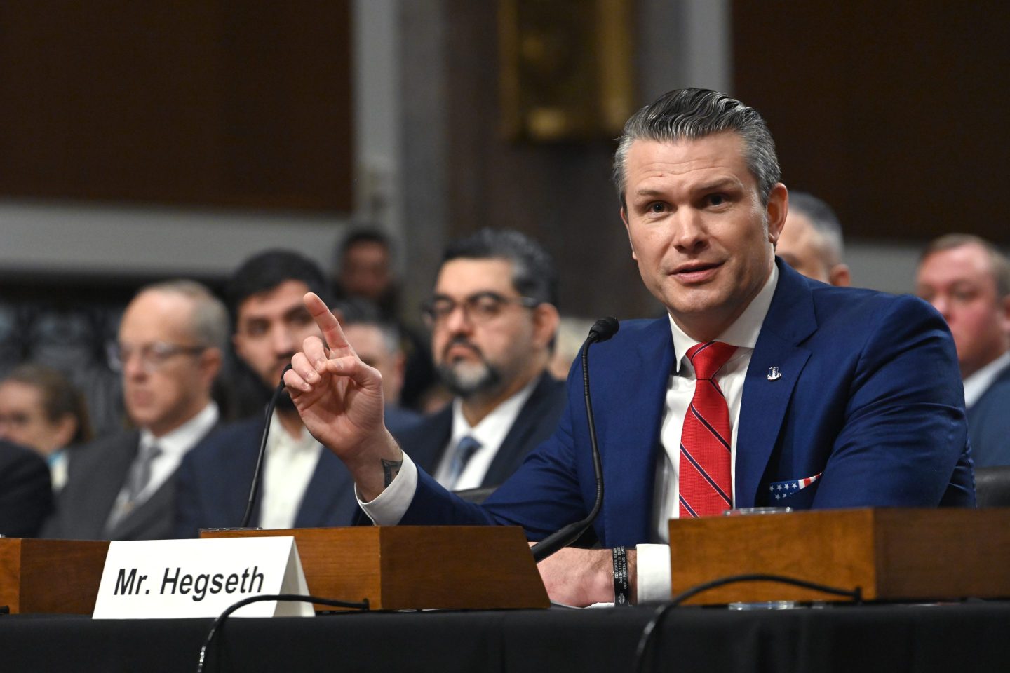 Pete Hegseth speaks during a Senate Armed Services confirmation hearing
