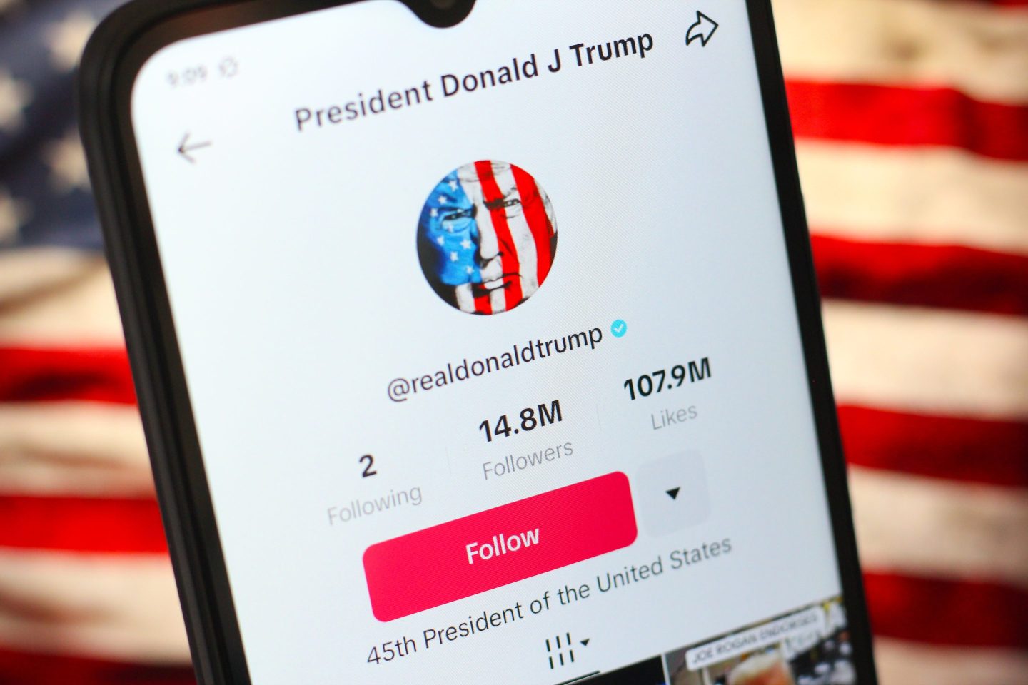 the profile page of the TikTok account of Donald Trump