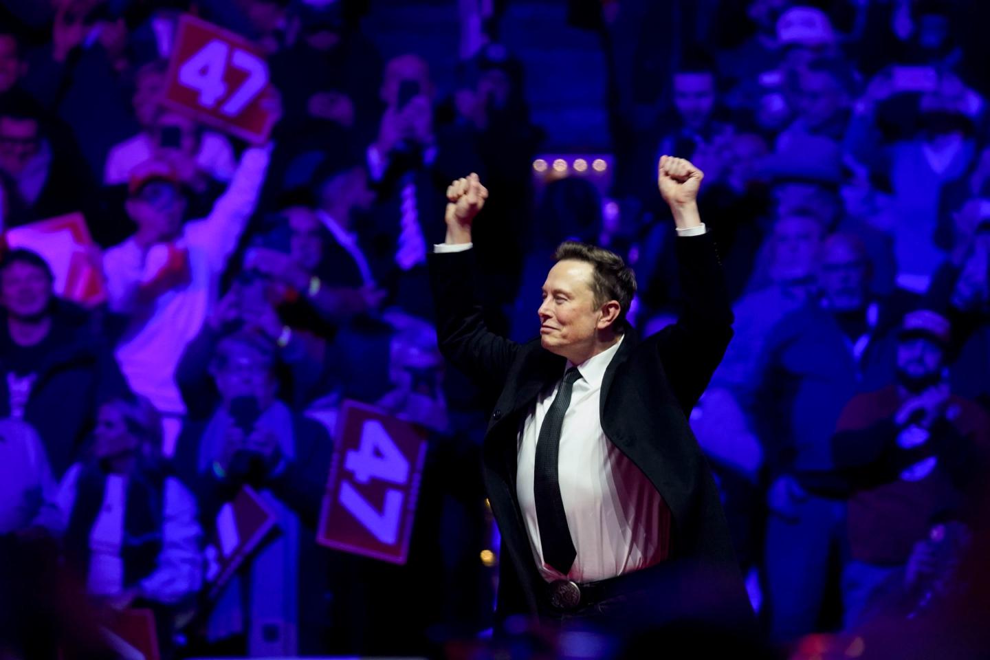 Elon Musk, chief executive officer of Tesla Inc., arrives for a rally with US President-elect Donald Trump, not pictured, at Capital One Arena ahead of the 60th presidential inauguration in Washington, DC, US, on Sunday, Jan. 19, 2025.