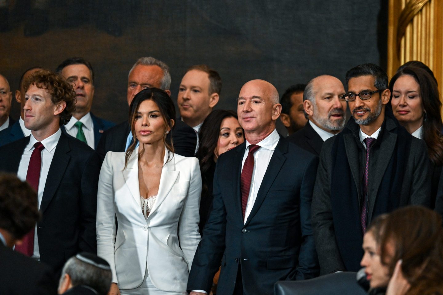 Meta CEO Mark Zuckerberg, Lauren Sanchez, Amazon founder Jeff Bezos and Google CEO Sundar Pichai attend the inauguration of U.S. President-elect Donald Trump in the U.S. Capitol Rotunda on January 20, 2025 in Washington, DC. Donald Trump takes office for his second term as the 47th President of the United States.