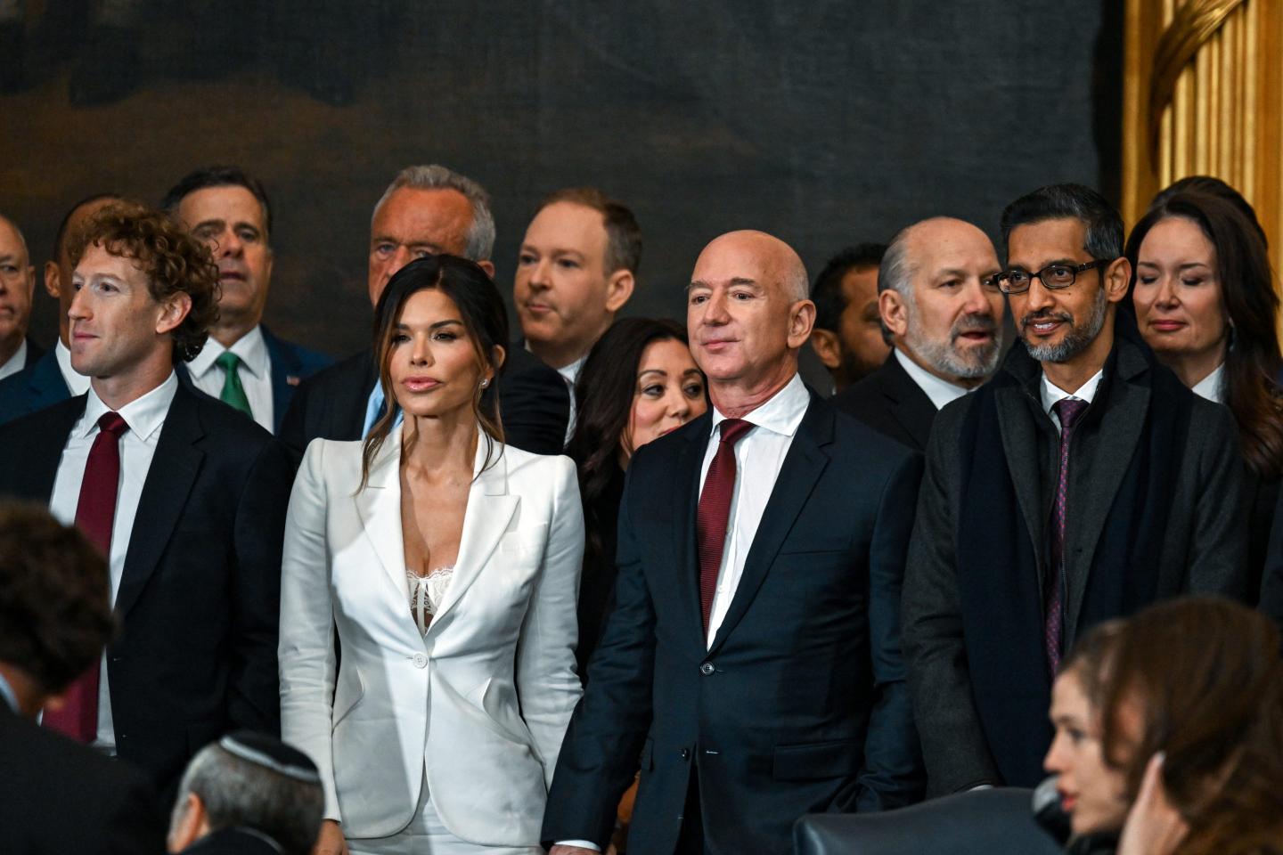 Meta CEO Mark Zuckerberg, Lauren Sanchez, Amazon founder Jeff Bezos and Google CEO Sundar Pichai attend the inauguration of U.S. President-elect Donald Trump in the U.S. Capitol Rotunda on January 20, 2025 in Washington, DC. Donald Trump takes office for his second term as the 47th President of the United States.
