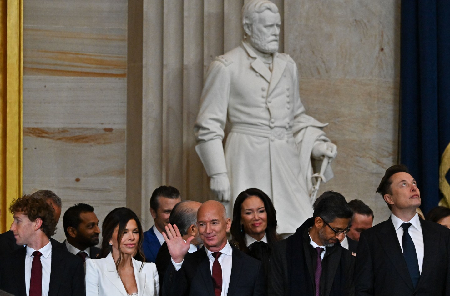 Meta CEO Mark Zuckerberg, Lauren Sanchez, Amazon founder Jeff Bezos, Google CEO Sundar Pichai, and Tesla CEO Elon Musk attend the 60th inaugural ceremony where Donald Trump will be sworn in as the 47th president on January 20, 2025, in the US Capitol Rotunda in Washington, D.C. (Photo: Ricky Carioti/POOL/AFP/Getty Images)
