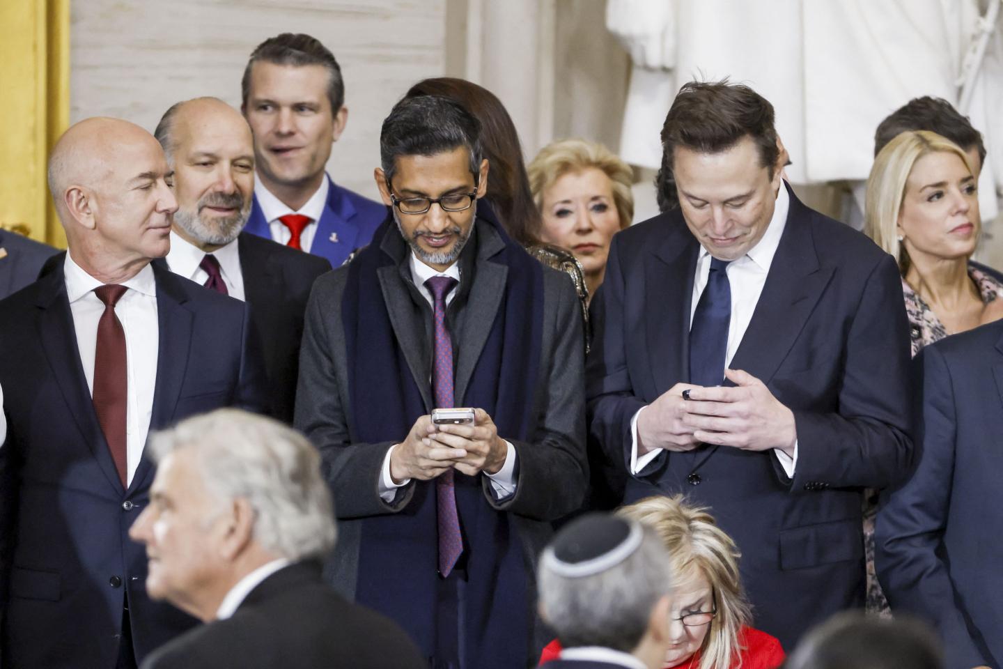 Microsoft Chairman Jeff Bezos, Alphabet CEO Sundar Pichai, and DOGE head and X owner Elon Musk attend Donald Trump's inauguration