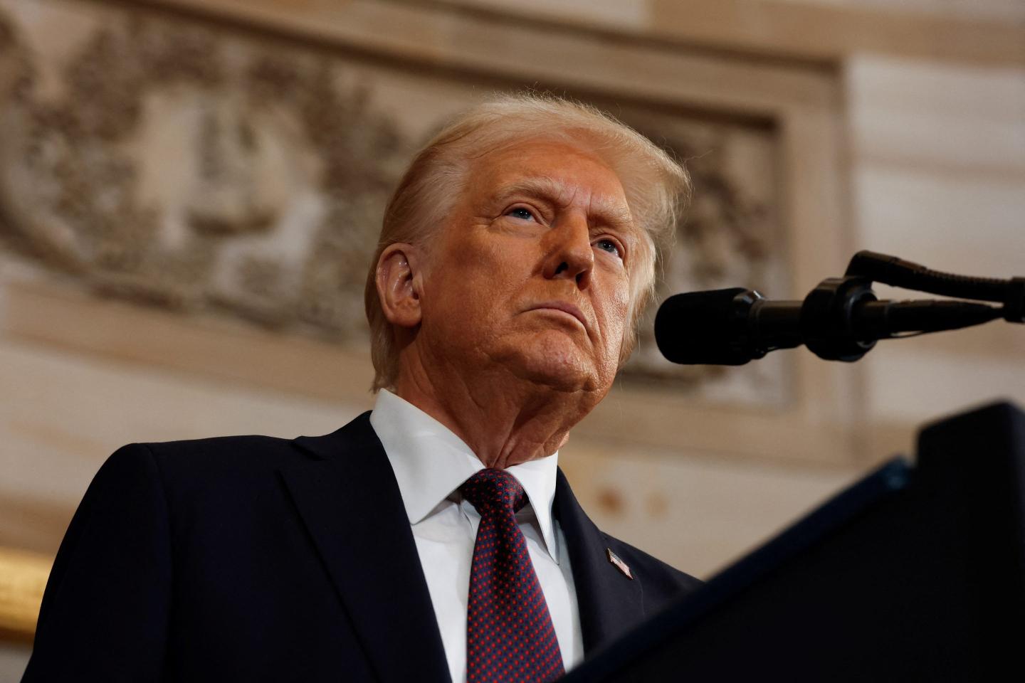 US President Donald Trump delivers his inaugural address after being sworn in as the 47th president of the United States in the Rotunda of the US Capitol