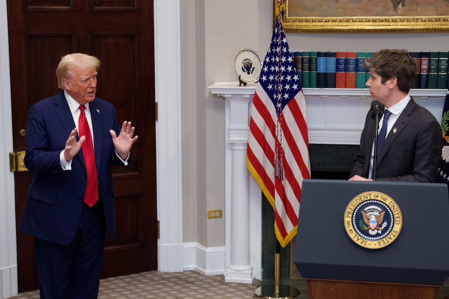 U.S. President Donald Trump accompanied by OpenAI CEO Sam Altman (R), speaks during a news conference in the Roosevelt Room of the White House on January 21, 2025 in Washington, DC.