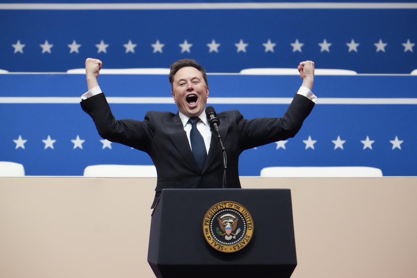 Tesla CEO Elon Musk arrives to speak during a Donald Trump inauguration event at Capital One Arena on January 20, 2025 in Washington, DC.