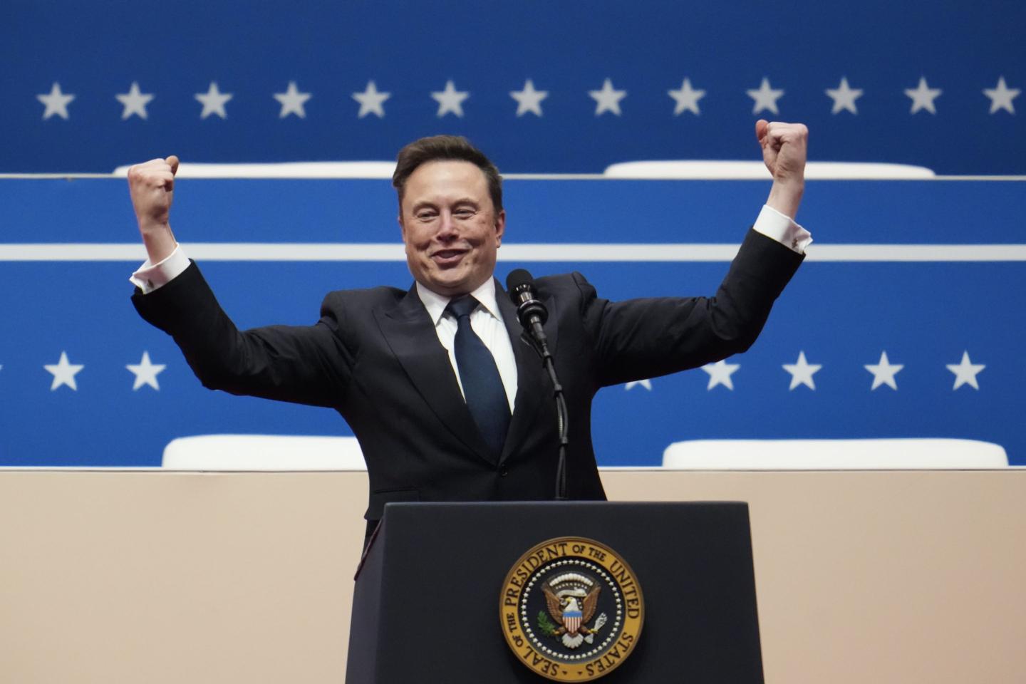 Tesla, SpaceX and X CEO Elon Musk gestures while speaking during an inauguration event at Capital One Arena on January 20, 2025 in Washington, DC.