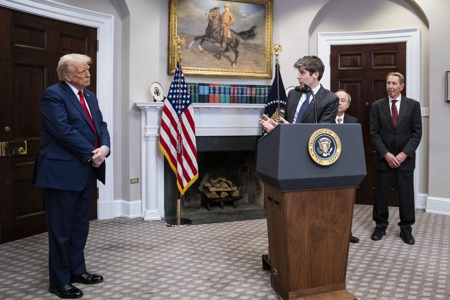 Sam Altman, OpenAI CEO speaks with President Donald J Trump, Masayoshi Son, SoftBank Group CEO, and Larry Ellison, chairman of Oracle Corporation and chief technology officer in the Roosevelt Room at the White House on Tuesday, Jan 21, 2025 in Washington, DC.
