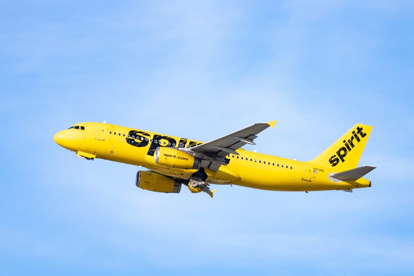A Spirit airliner takes off from Los Angeles International Airport.