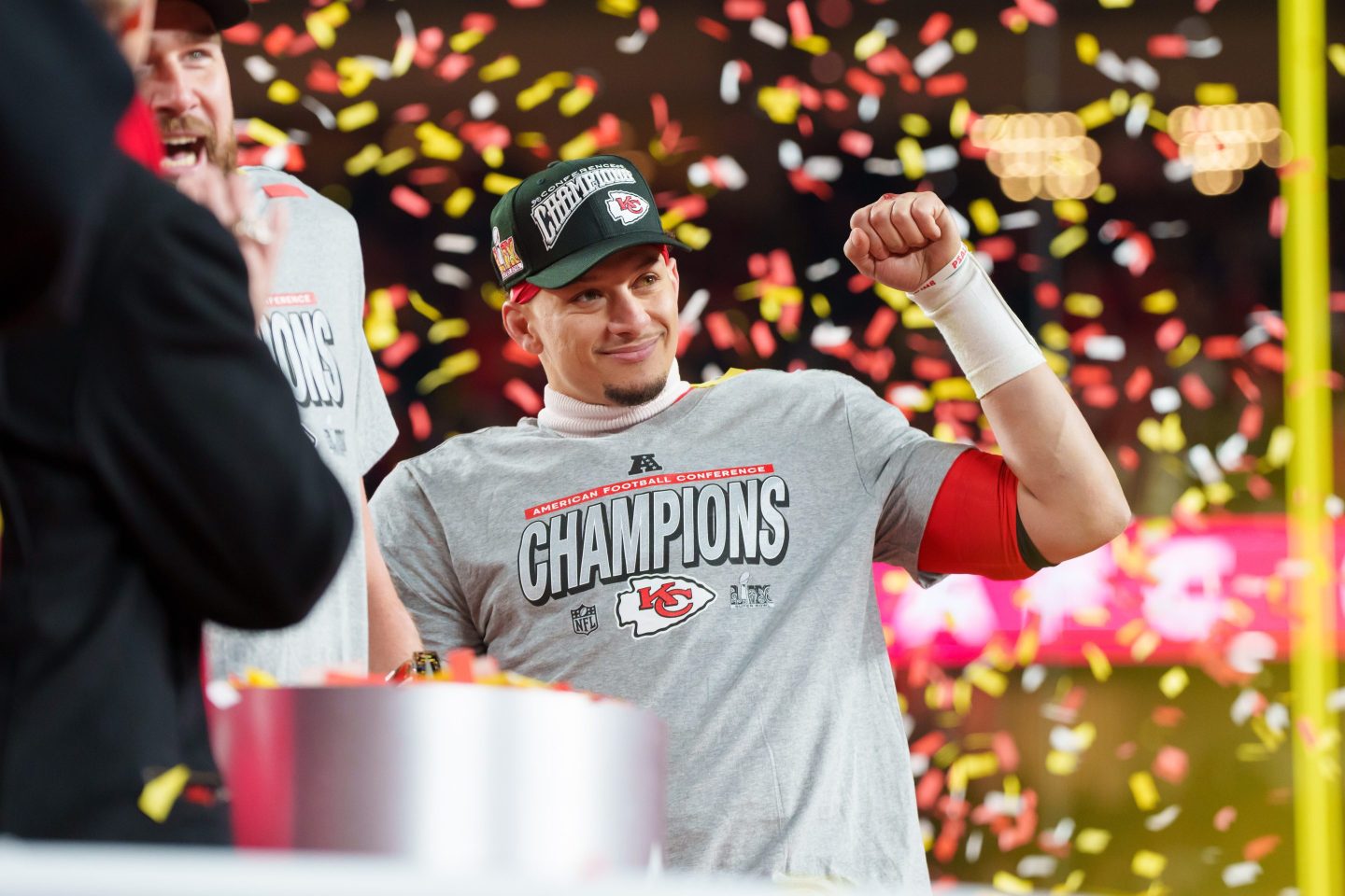 Kansas City Chiefs quarterback Patrick Mahomes celebrates winning the AFC Championship.