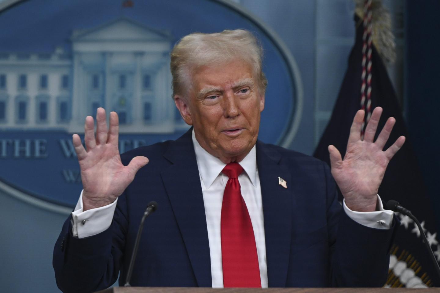 President Donald Trump speaks at a press briefing at the White House