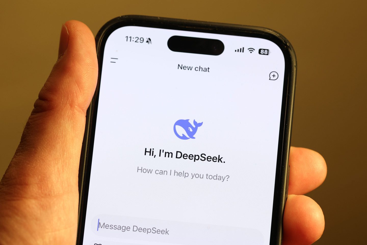 A person holding a phone with the DeepSeek AI app open