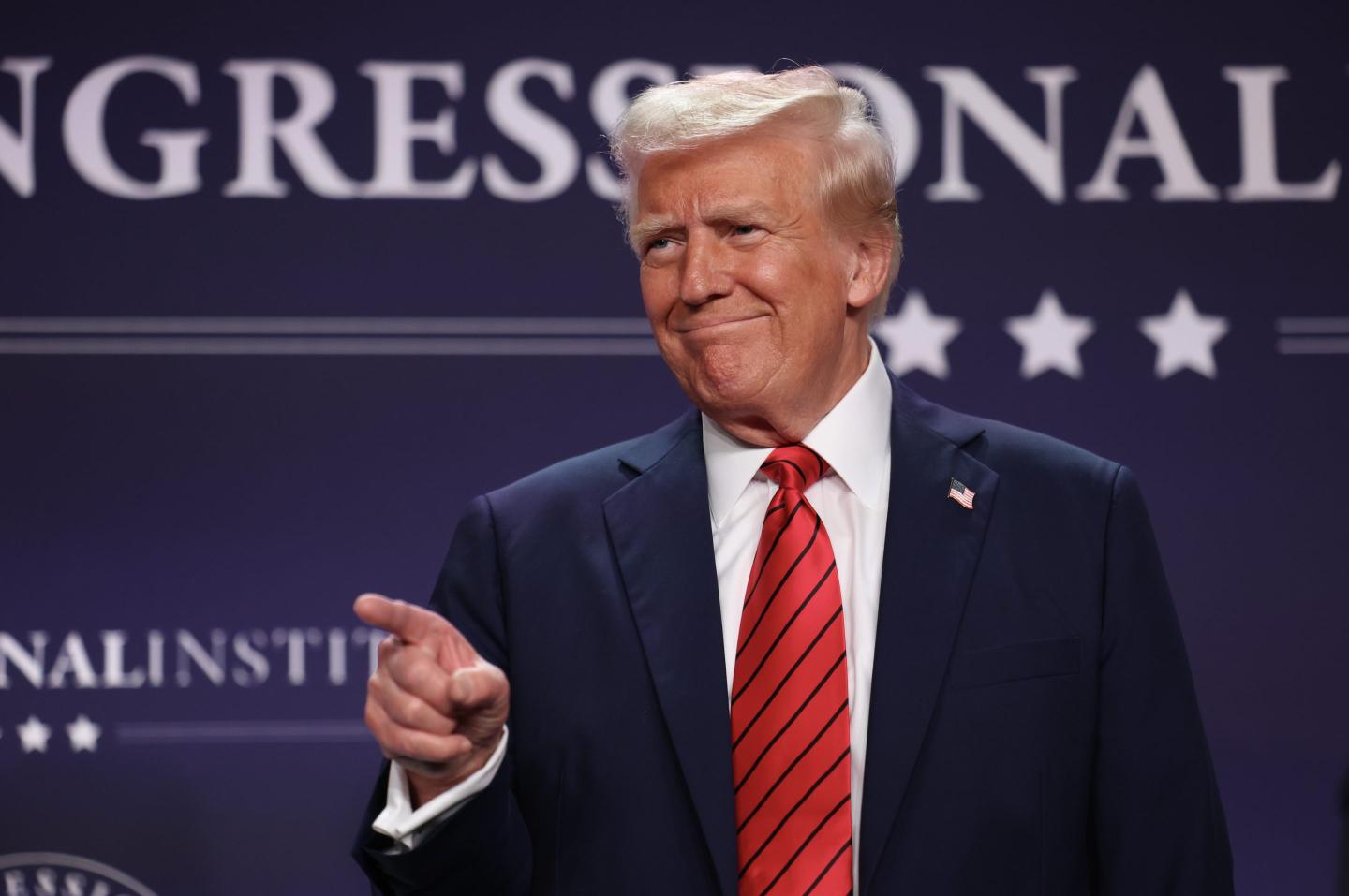 U.S. President Donald Trump acknowledges the crowd before addressing the 2025 Republican Issues Conference at the Trump National Doral Miami on January 27, 2025 in Doral, Florida.