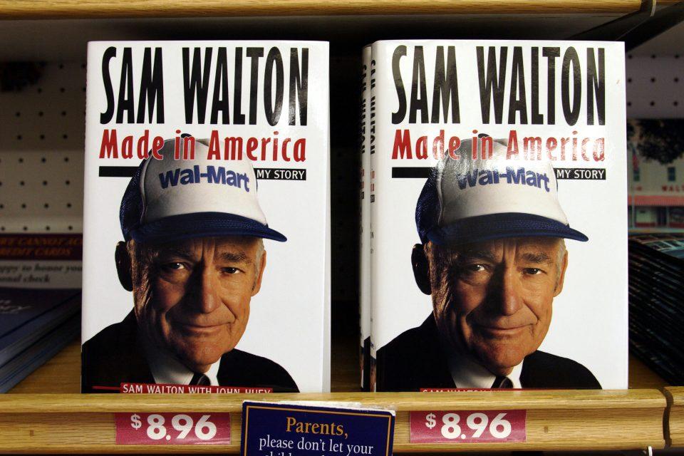 The cover of "Made in America" featuring Sam Walton in a Wal-Mart trucker hat