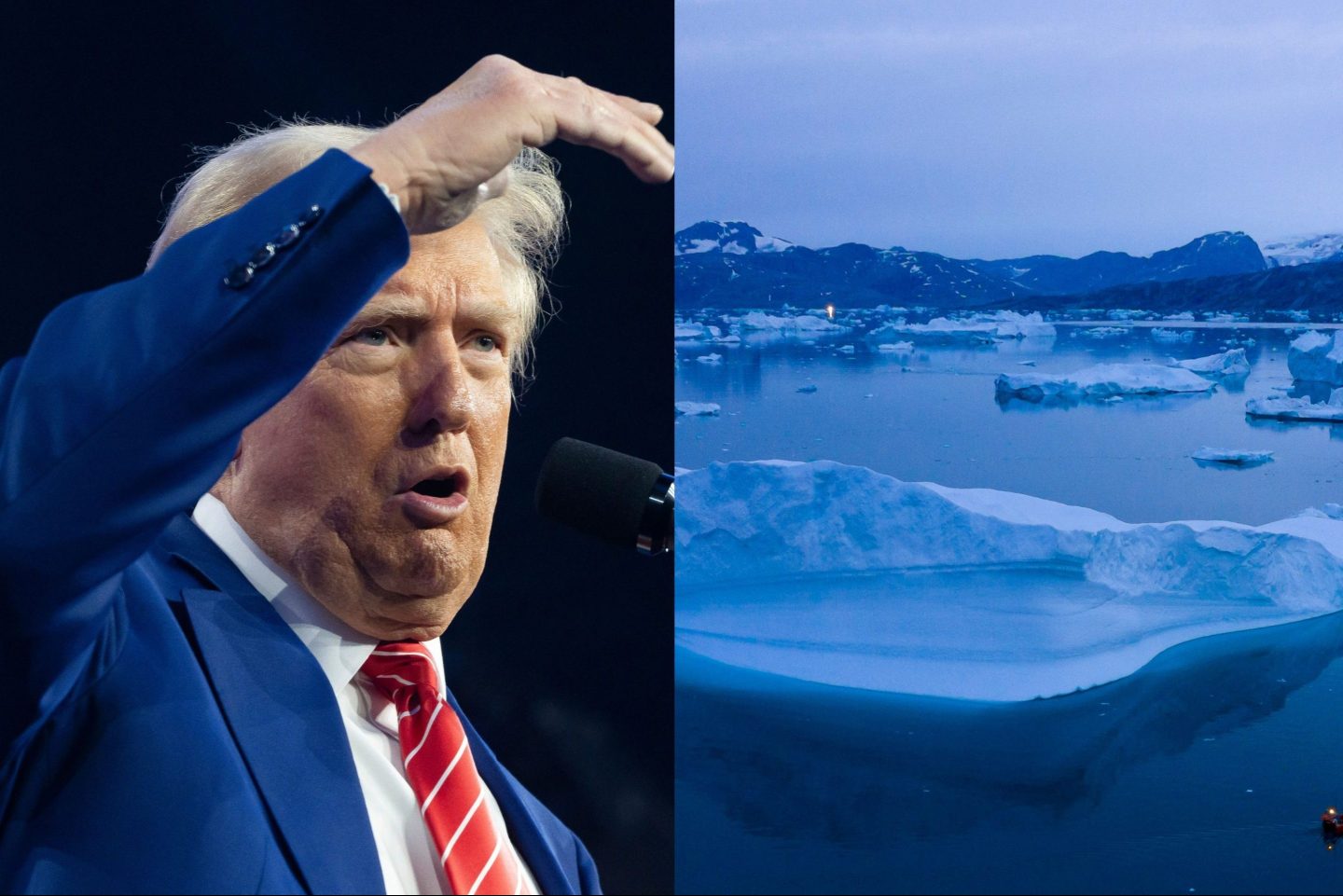 Split screen of Donald Trump with his hand to his forehead on the left, and a photo of Greenland's icebergs on the right.