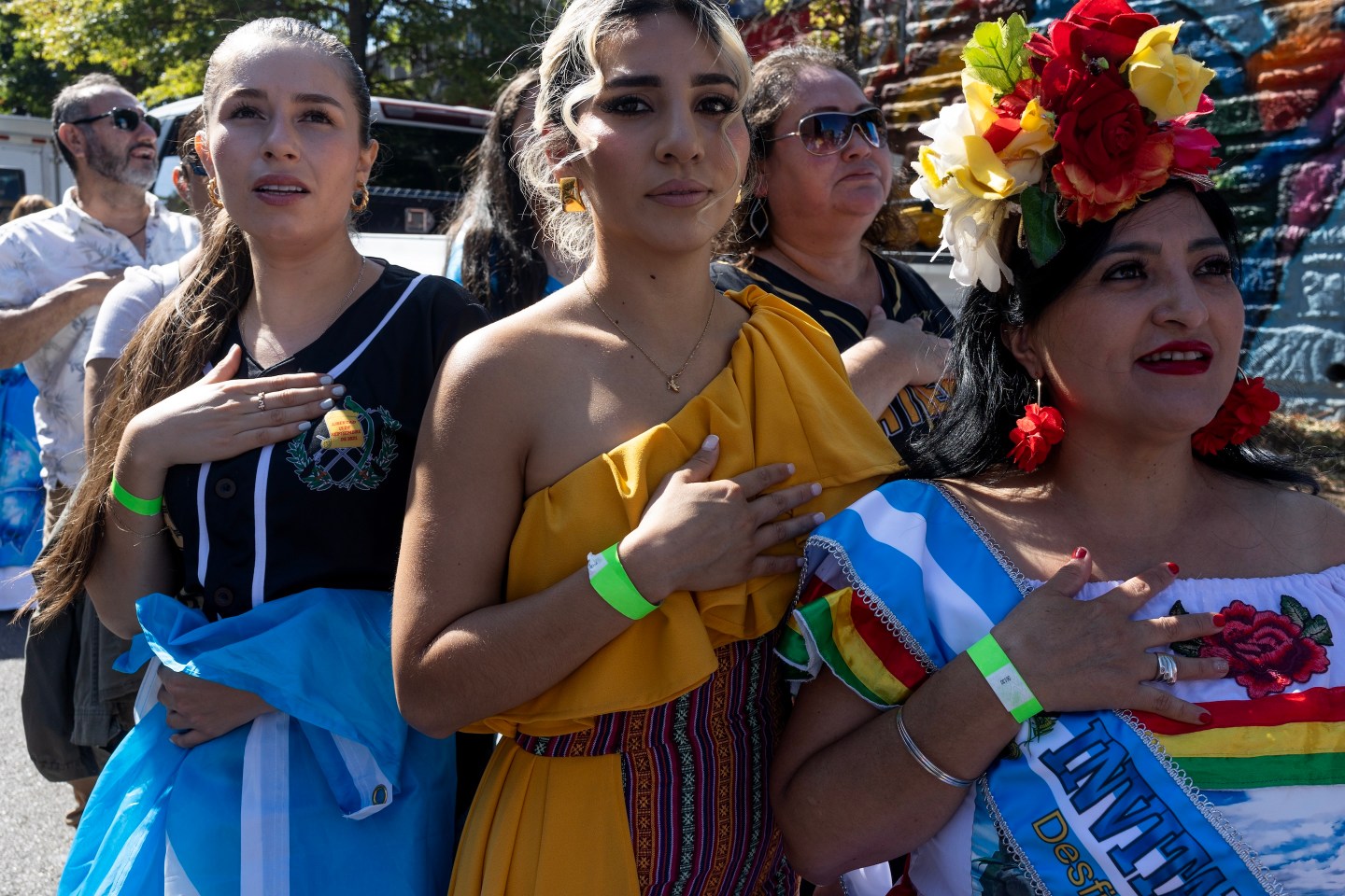 Latino immigrants marching in annual Hispanic Day Parade in Queens.