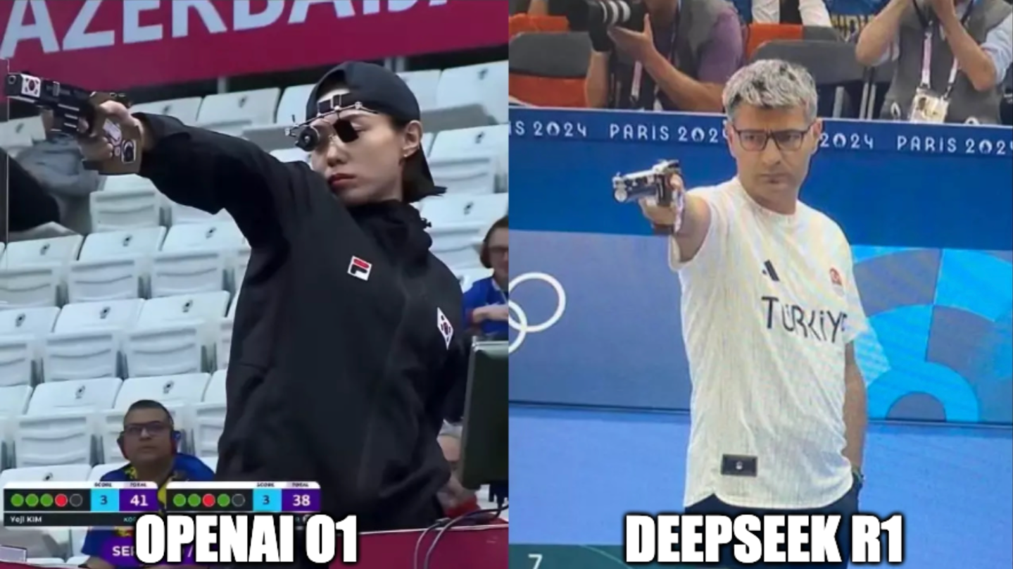 A meme featuring shooting competitors from Korea and Turkey during the Paris Olympics with the labels "OpenAI o1" and "DeepSeek R1"