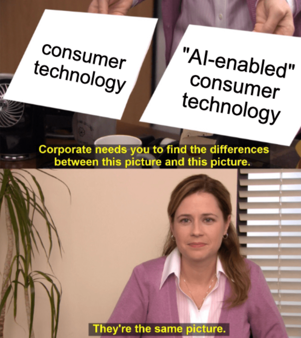 A meme of Pam from The Office looking at two pieces of paper with the captions, "consumer technology" and "ai-enabled consumer technology" and replying, "they're the same picture"