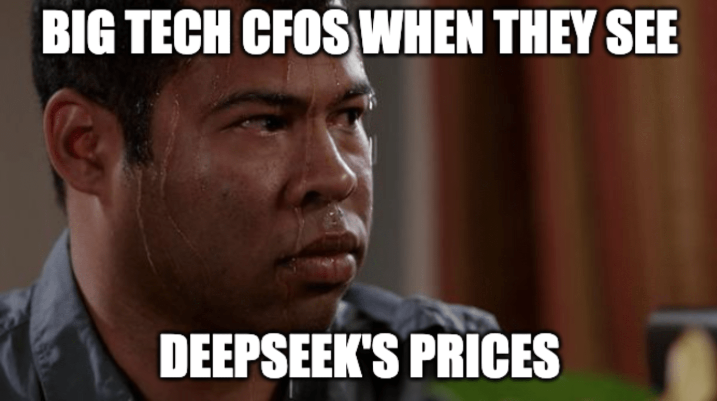A meme of Jordan Peele sweating during a Key and Peele sketch with the caption, "Big Tech CFOs when they see DeepSeek's prices"
