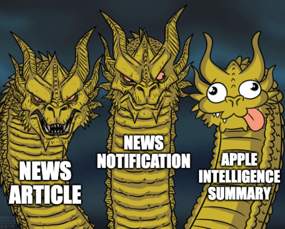 A meme of a three-headed dragon with two snarling heads ("News article" and "News notification") and one silly head ("Apple Intelligence summary")