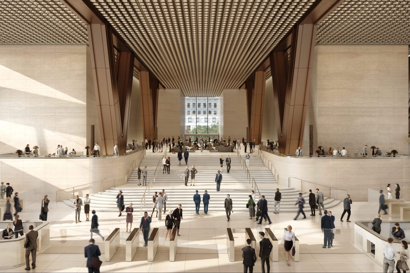 business professionals milling about a stairway into an office building