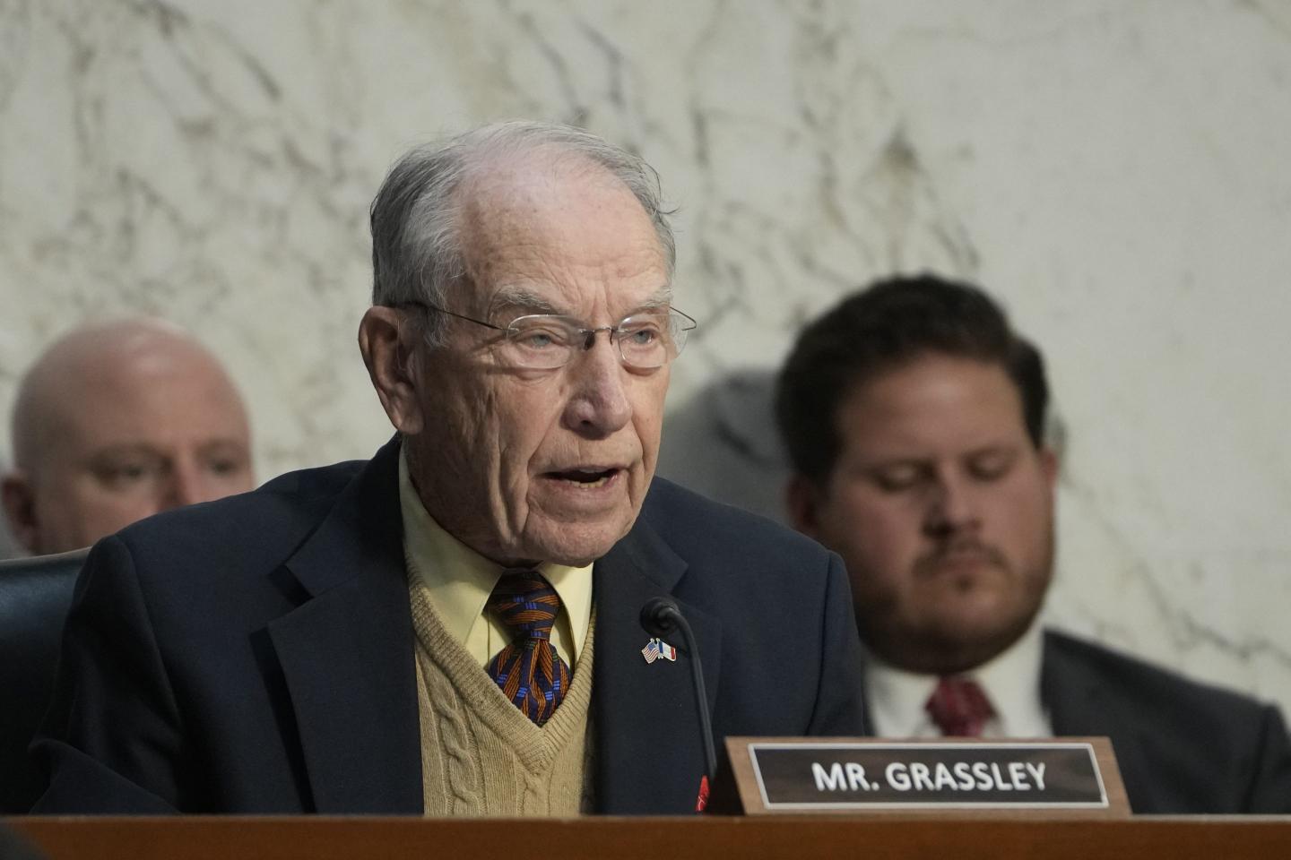 Senator Chuck Grassley asks questions during a Senate Judiciary Committee oversight hearing