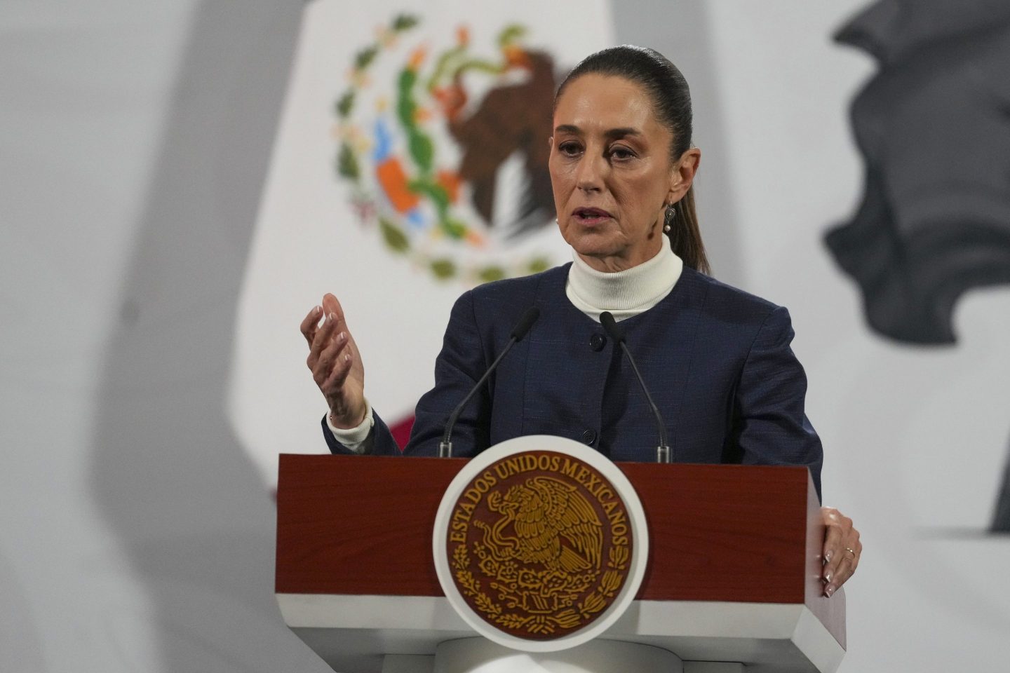 Mexican President Claudia Sheinbaum gives her daily morning press conference at the National Palace in Mexico City on Monday.