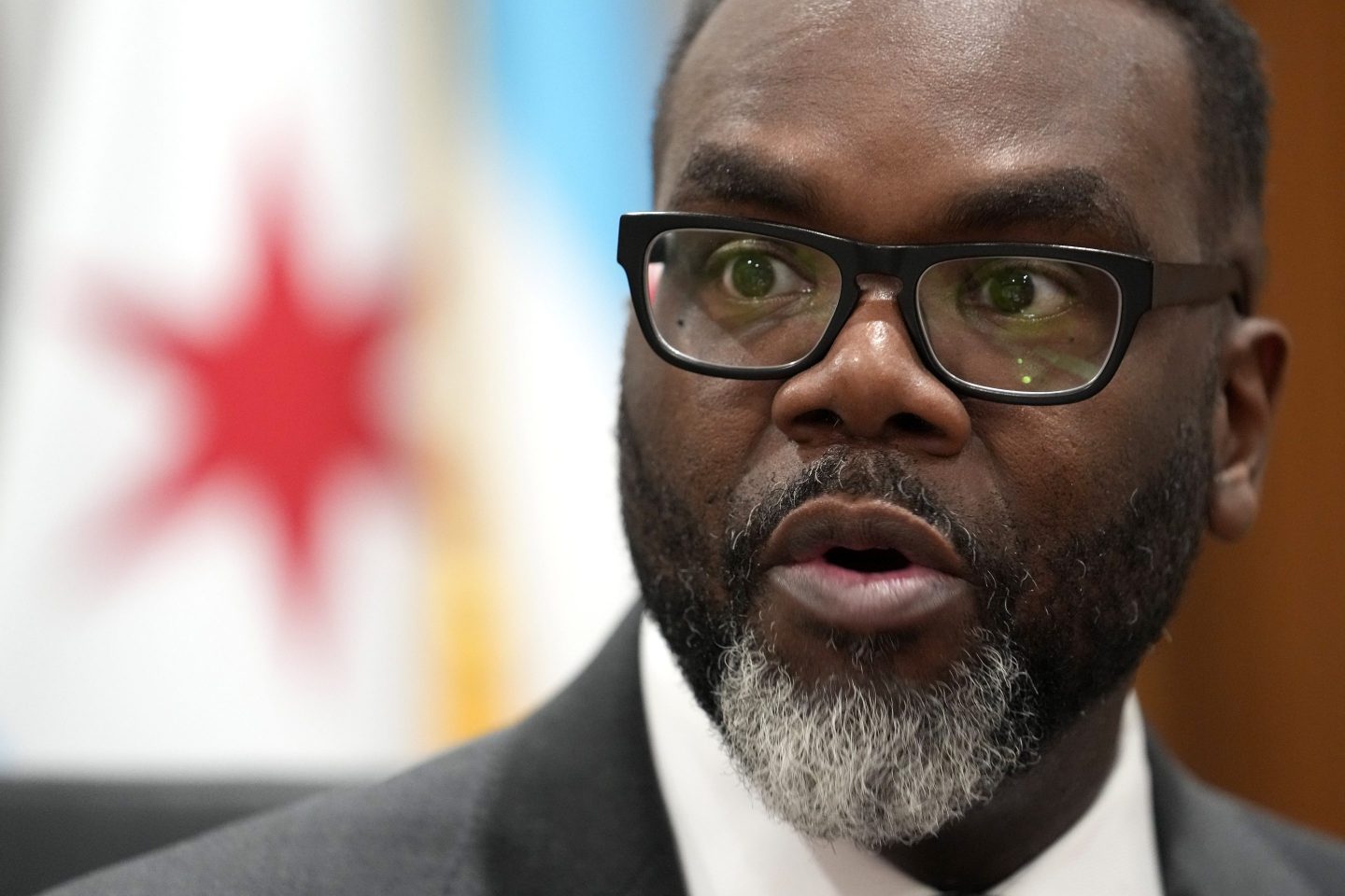 FILE &#8211; Chicago Mayor Brandon Johnson responds to a question in his City Hall office during an interview with The Associated Press Monday, May 6, 2024, in Chicago.  (AP Photo/Charles Rex Arbogast, File)