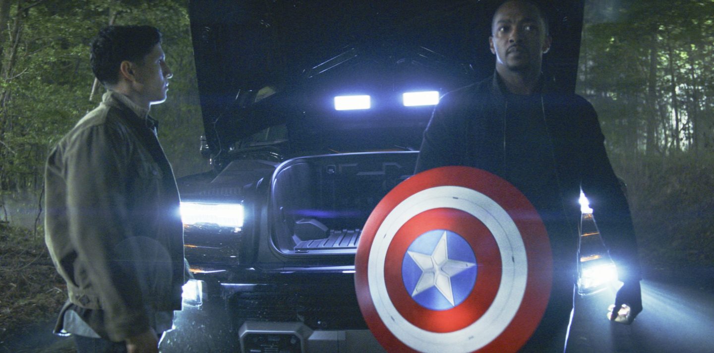 This image released by Disney shows Danny Ramirez, left, and Anthony Mackie in a scene from Marvel Studios' "Captain America: Brave New World."