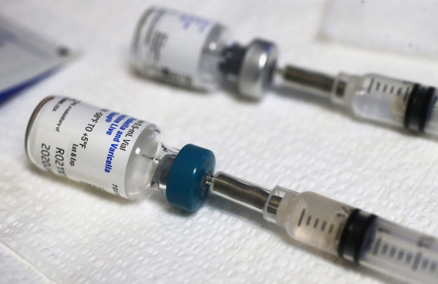 Measles and tetanus vaccine vials are ready to be administered at the Dallas County Health & Human Services immunization clinic in Dallas, on March 8, 2019.