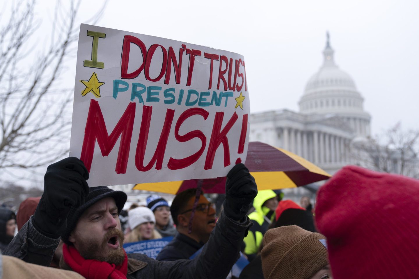 People rally against the policies of President Donald Trump and Elon Musk at the U.S. Capitol in Washington, on Feb. 12, 2025.