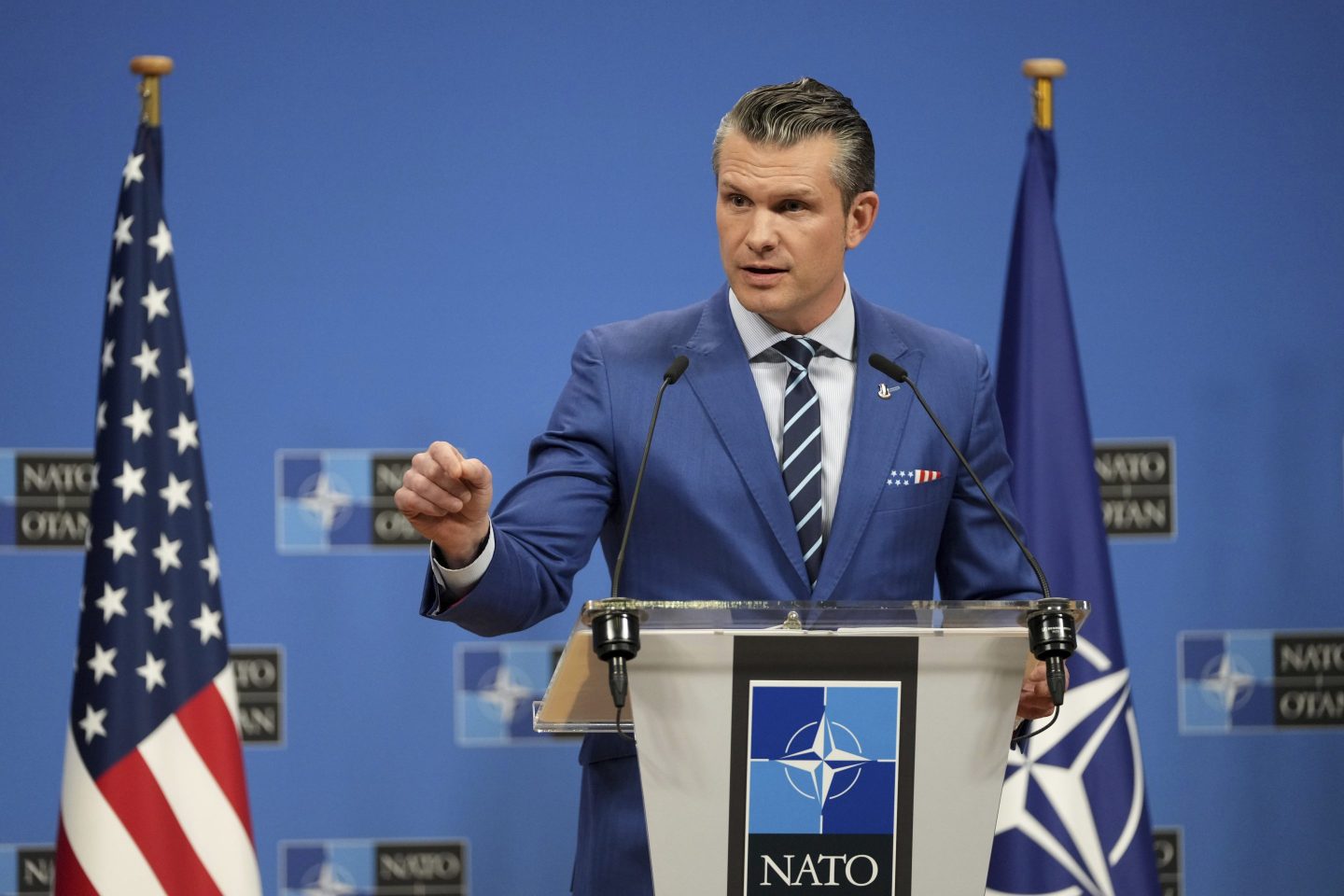 United States Secretary of Defense Pete Hegseth speaks during a media conference after a meeting of NATO defense ministers at NATO headquarters in Brussels, on Feb. 13, 2025.