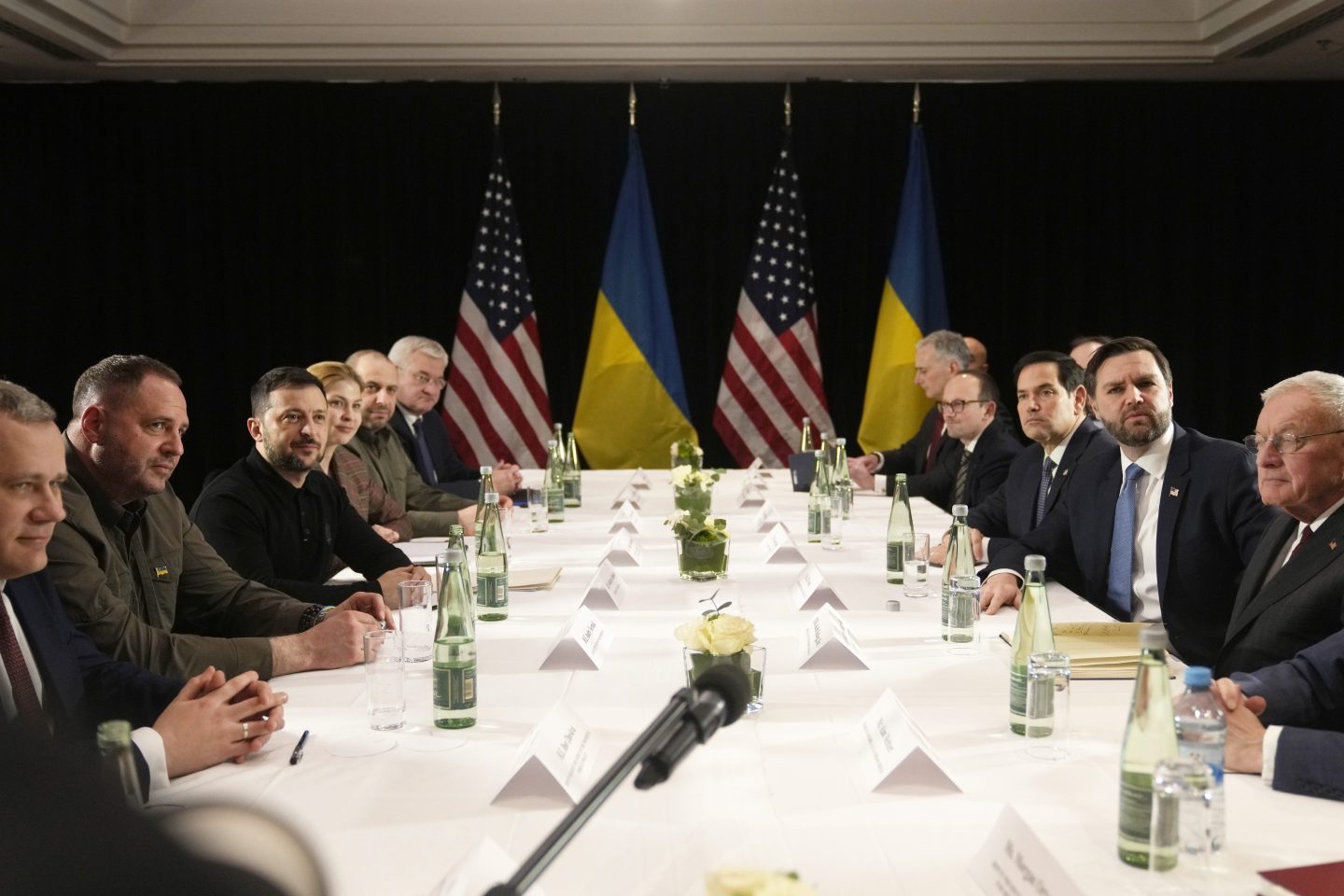 United States Vice-President JD Vance, second right, and United States Secretary of State Marco Rubio, third right, meet with Ukraine's President Volodymyr Zelenskyy, third left, during a bilateral meeting on the sidelines of the Munich Security Conference in Munich, Germany, on Feb. 14, 2025.