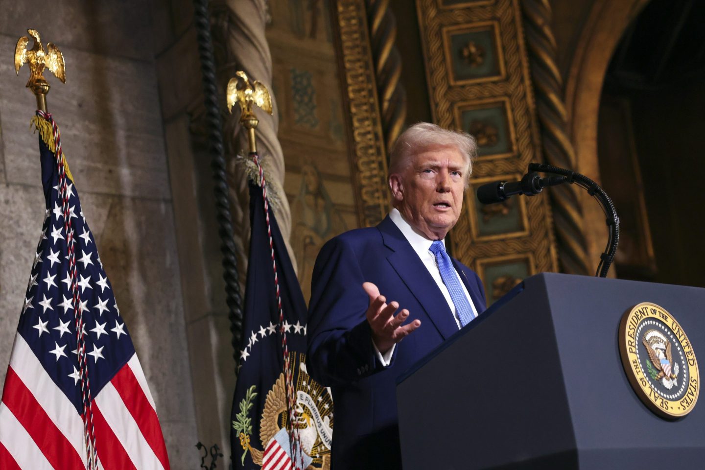 President Donald Trump speaks at Mar-a-Lago in Palm Beach, Fla., Tuesday, Feb. 18, 2025.