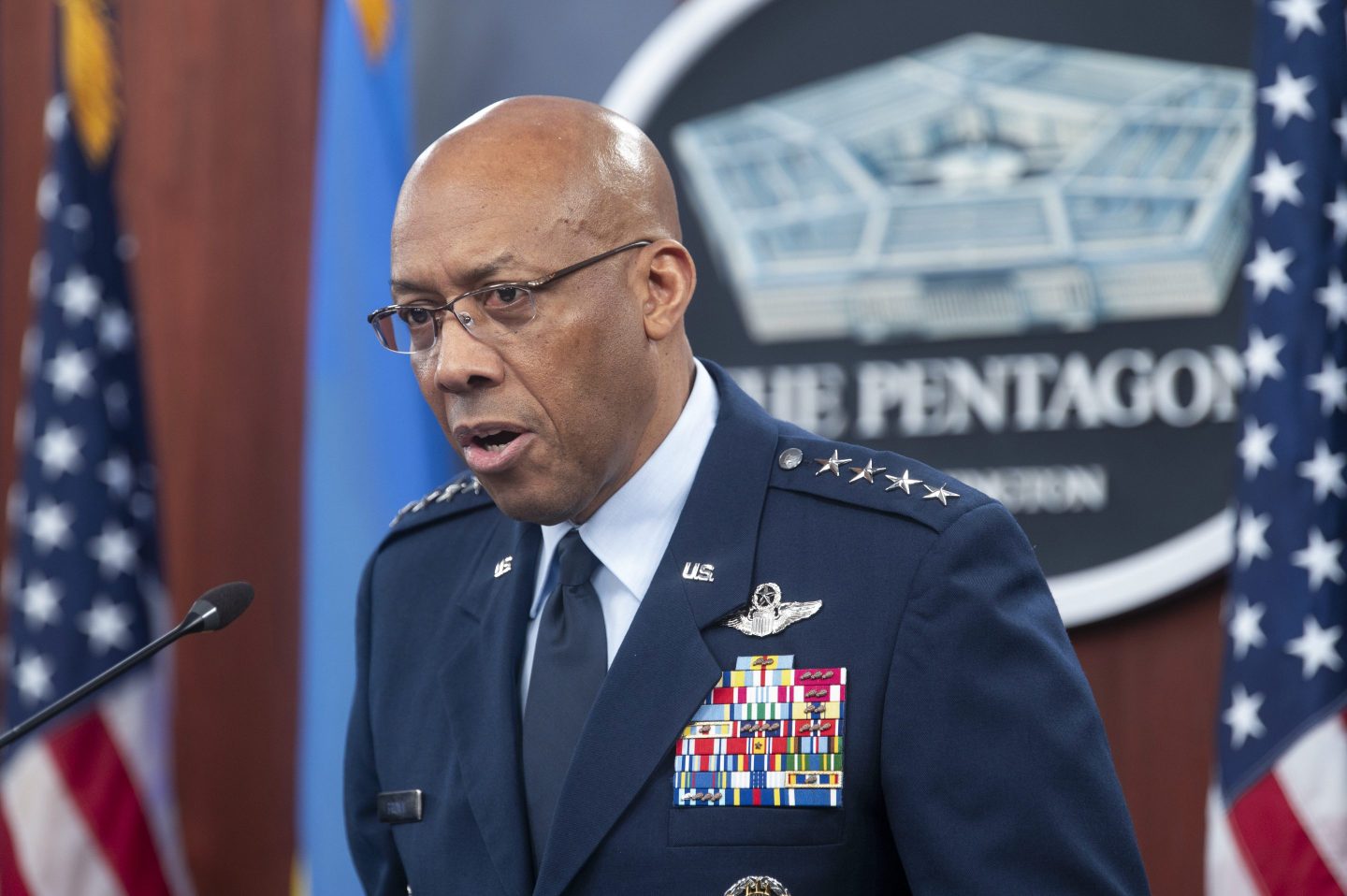 Gen. CQ Brown speaks during a press briefing, April 26, 2024, at the Pentagon in Washington.