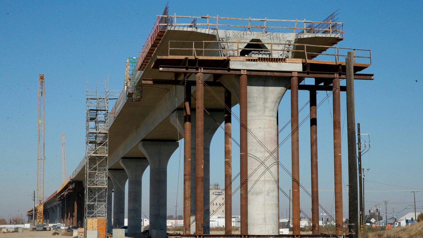 One of the elevated sections of the high-speed rail under construction in Fresno, Calif., in December 2017.