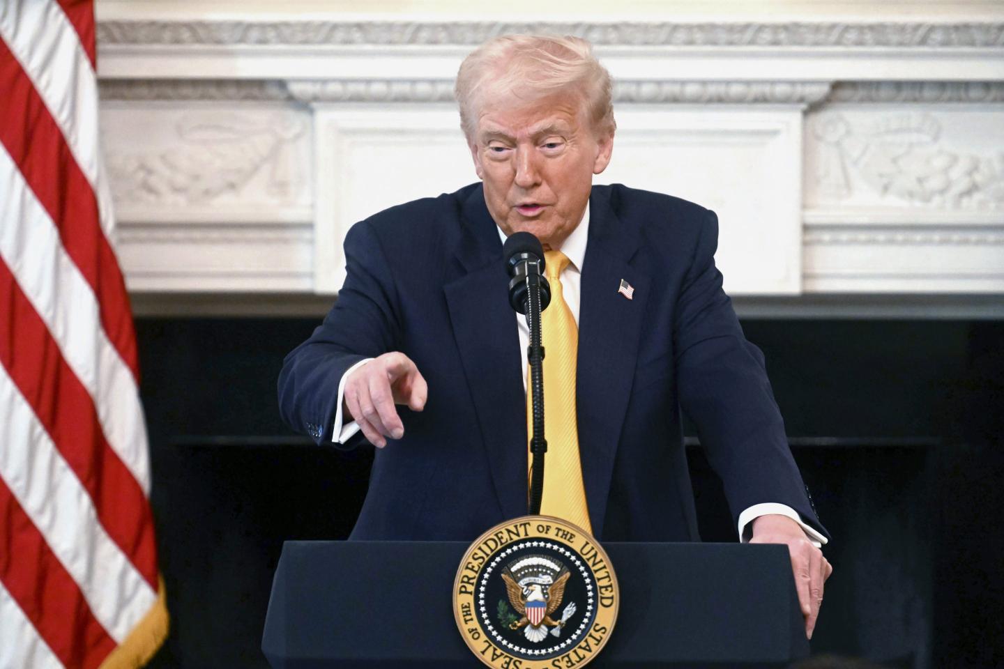 President Donald Trump speaks at the Governors Working Session in the State Dining Room of the White House in Washington, Friday, Feb. 21, 2025.