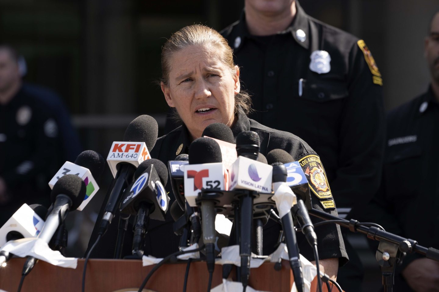 Los Angeles Fire Department Chief Kristin Crowley talks during a news conference at Harbor–UCLA Medical Center in the West Carson area of Los Angeles on Thursday, Feb. 15, 2024.