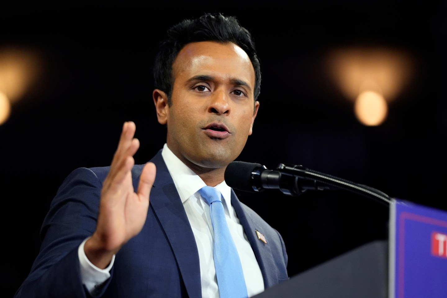Vivek Ramaswamy speaks before Republican presidential nominee former President Donald Trump at a campaign rally at the Santander Arena, Oct. 9, 2024, in Reading, Pa.
