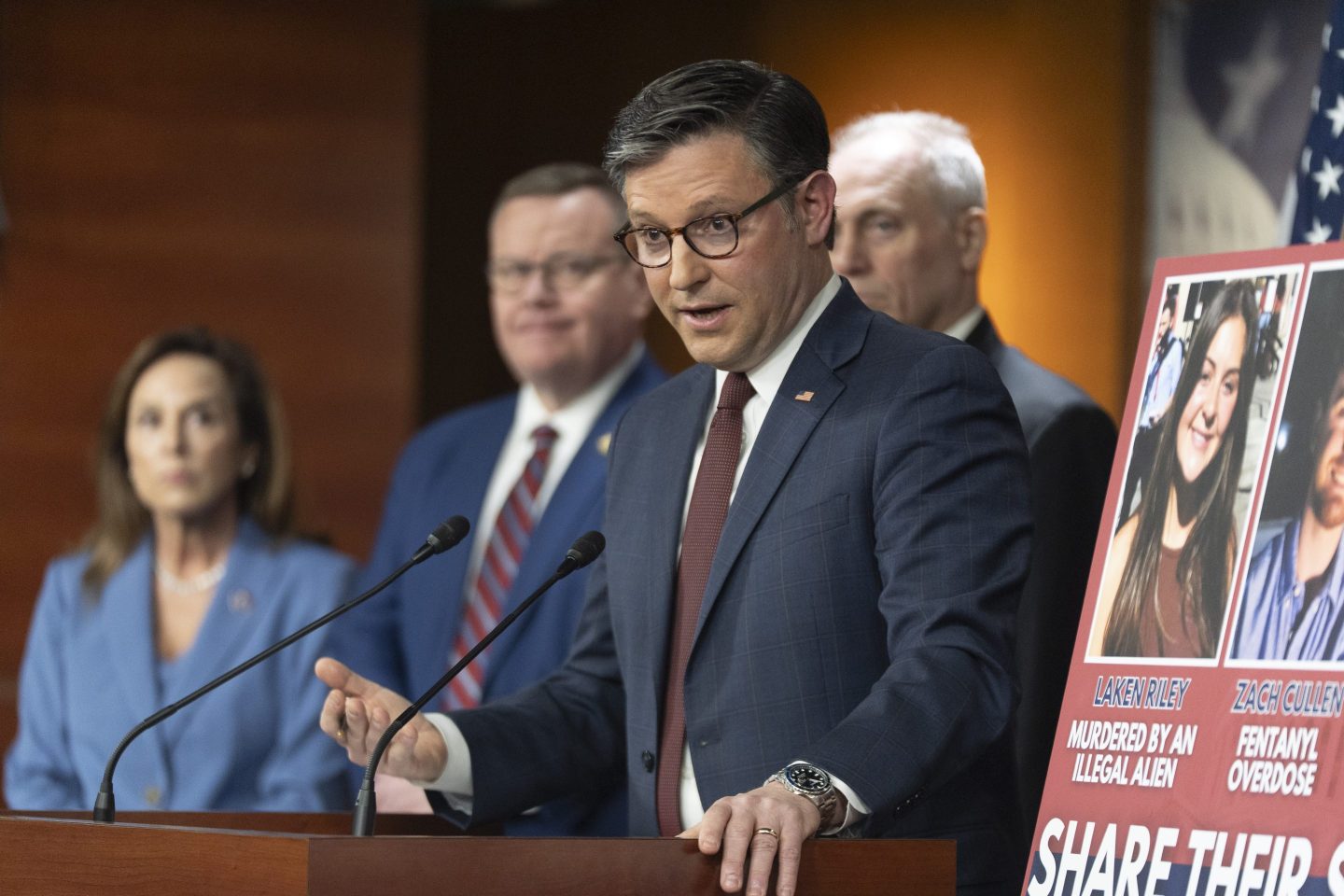 Speaker of the House Mike Johnson, of La., with House Republican Conference Chairwoman Lisa McClain, from left, Rep. Tim Moore, R-N.C. and House Majority Leader Steve Scalise, of La., speaks during a news conference at the Capitol, on Feb. 25, 2025, in Washington.
