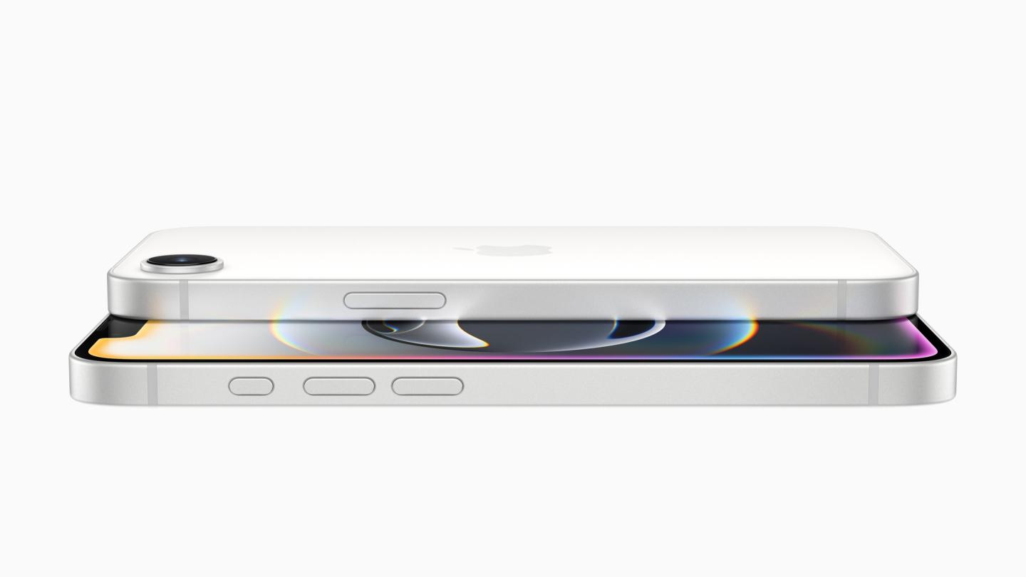 The iPhone 16e from Apple, laying flat on a table