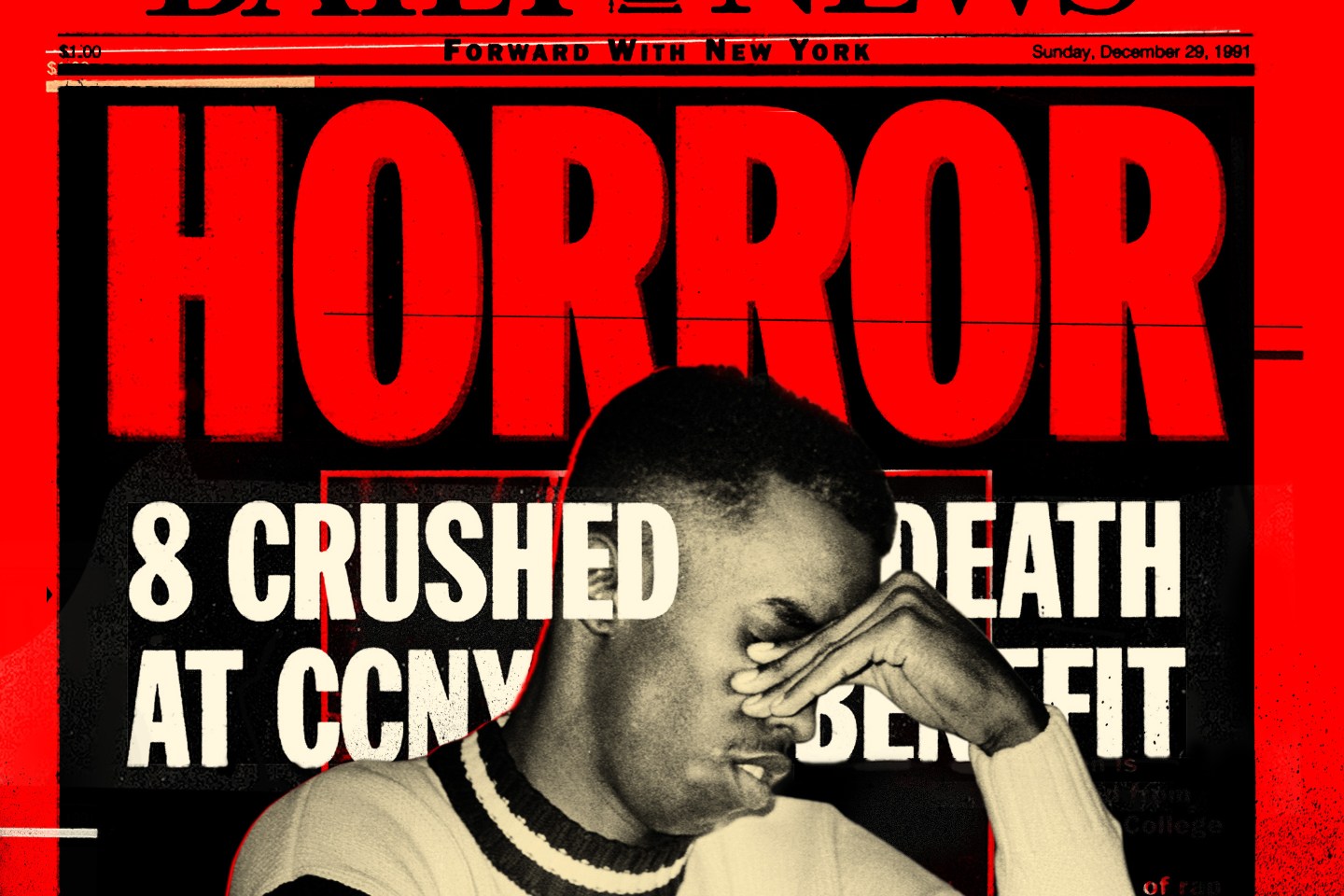 In a photoillustration, Sean Combs holds his head in his hand. Surrounding him is text that says "Horror: 8 crushed to death at CCNY benefit."