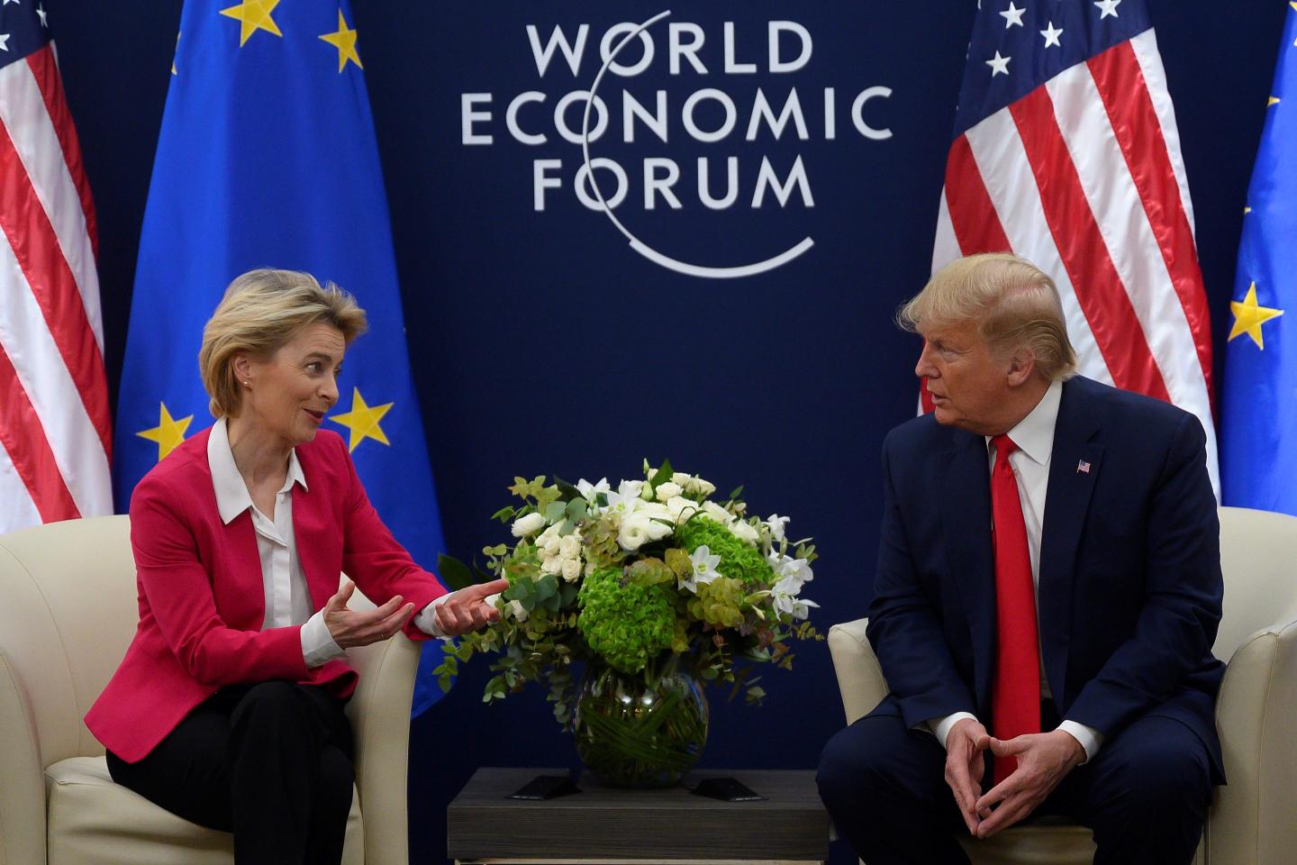 US President Donald Trump speaks with European Commission President Ursula von der Leyen prior to their meeting at the World Economic Forum in Davos, on January 21, 2020.