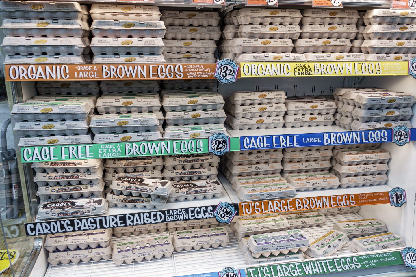A display of eggs at a Trader Joe's grocery store
