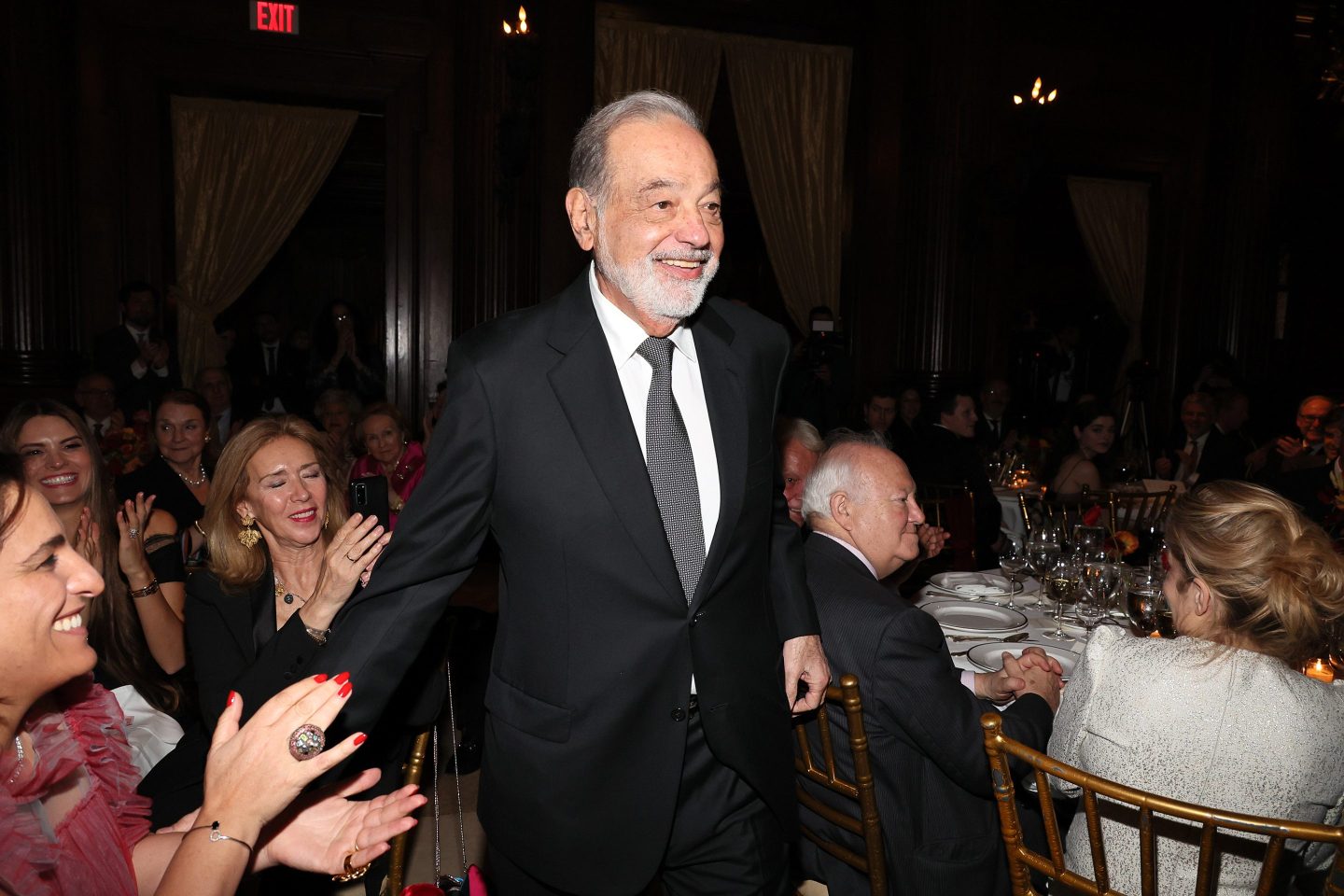 Honoree Carlos Slim Helú walks to the stage during the Sophia Awards of Excellence of the Queen Sofia Spanish Institute on March 31, 2022 in New York City.