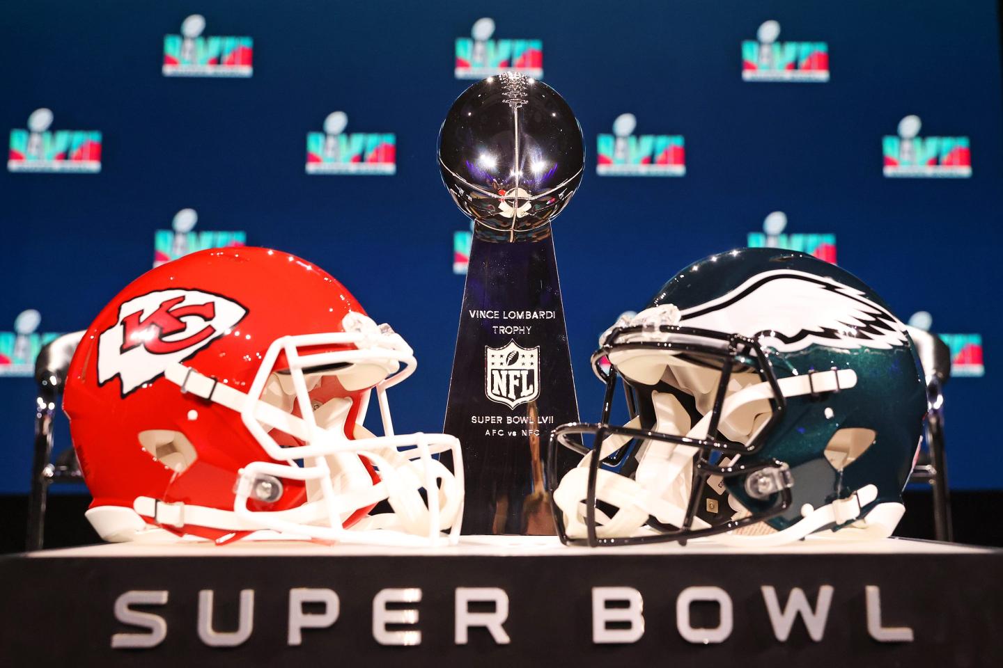 A view of the Vince Lombardi Trophy and the helmets of the Kansas City Chiefs and the Philadelphia Eagles