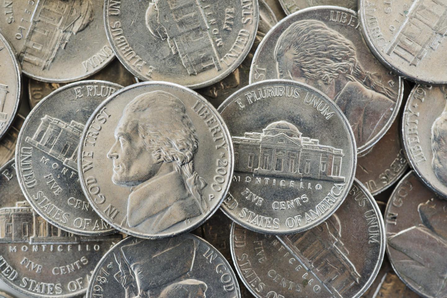 An aerial view of a pile of nickels