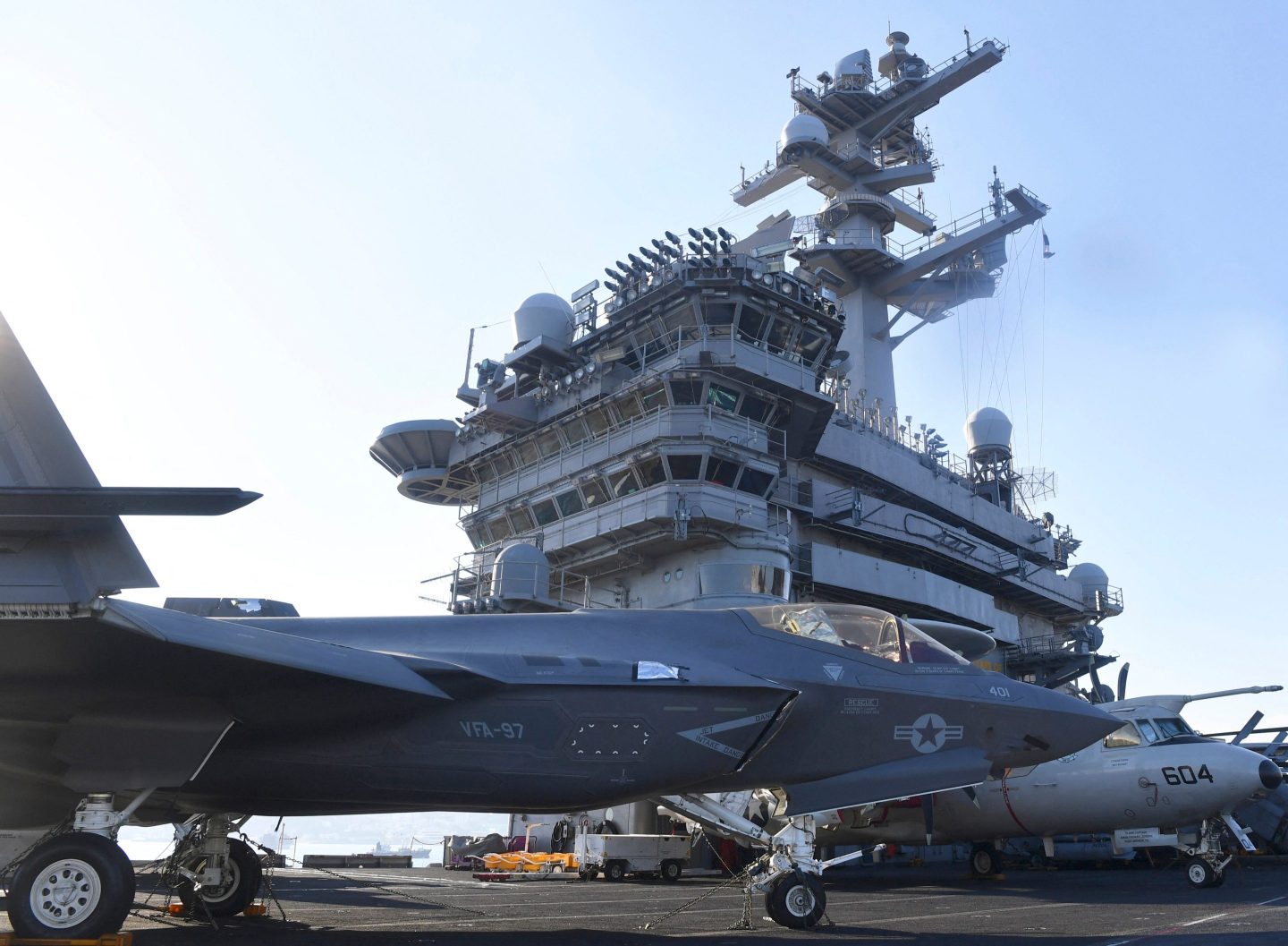 A U.S. Navy F-35C Lightning II fighter jet is seen on the flight deck aboard the USS Carl Vinson during its port visit in South Korea on Nov. 22, 2023.