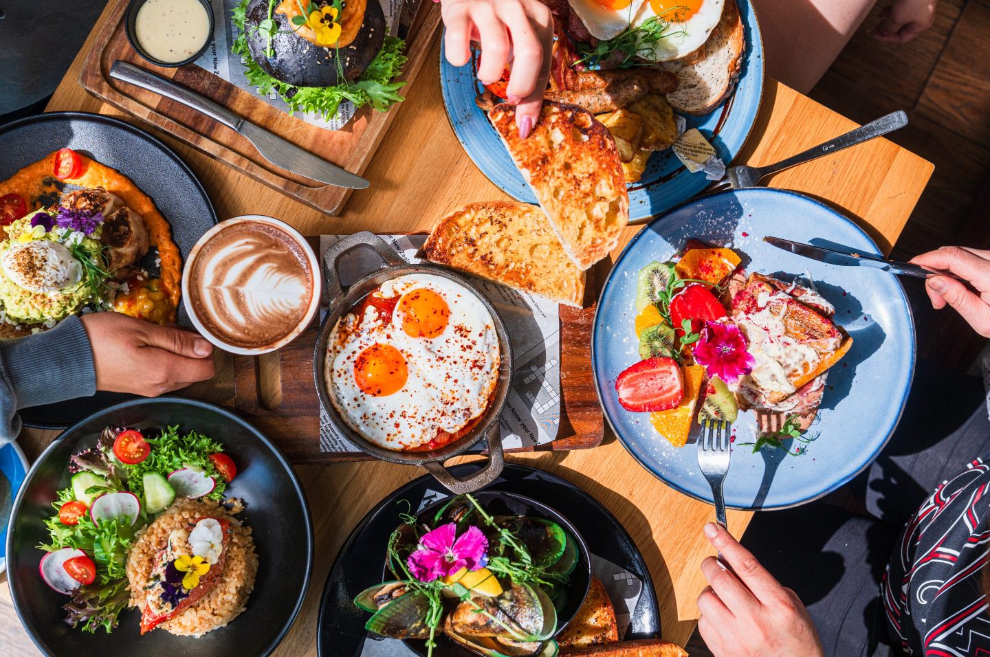 A spread of brunch foods on a table