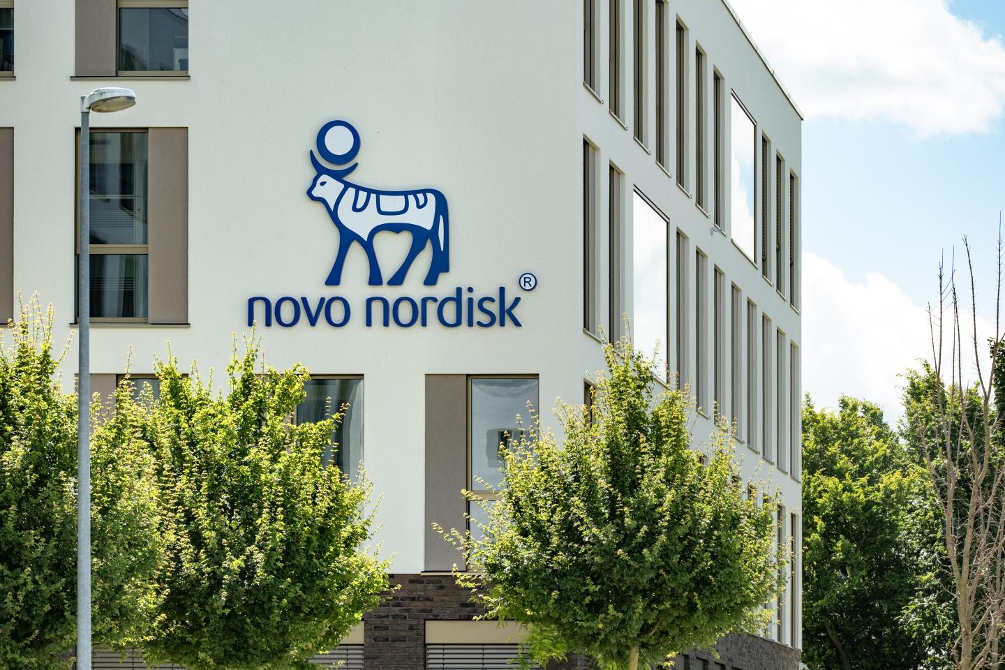 Novo Nordisk advertising logo on facade building, Danish pharmaceutical healthcare giant Novo Nordisk AS, production innovative drugs, obesity treatment Ozempic, Mainz, Germany June 15, 2024